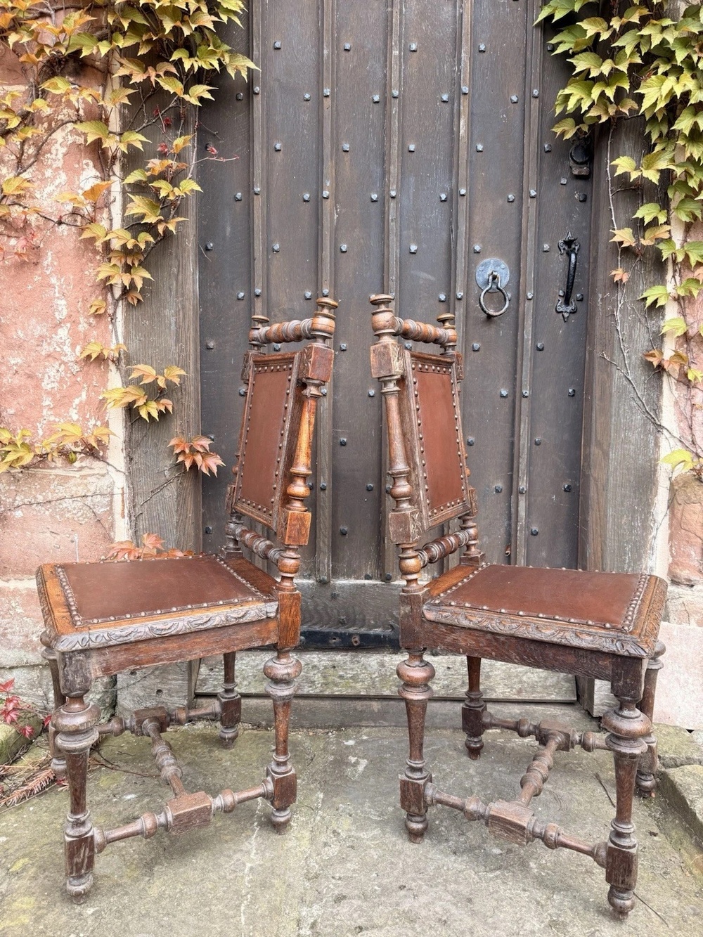 Set 8 Antique French Rustic Oak Renaissance Revival Henri II Style Dining Chairs 1880 Circa