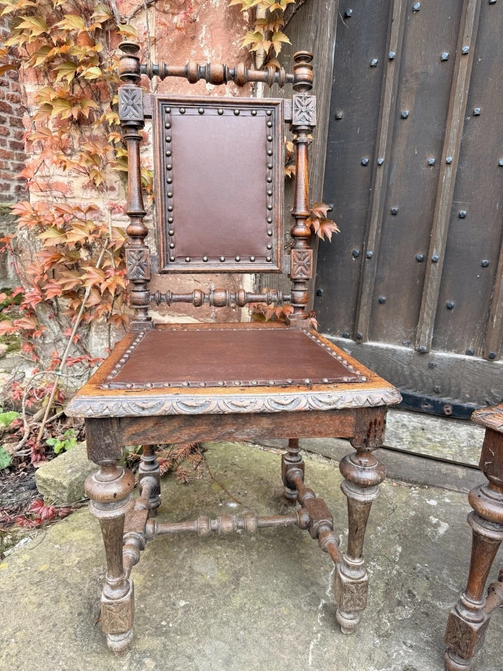 Set 8 Antique French Rustic Oak Renaissance Revival Henri II Style Dining Chairs 1880 Circa