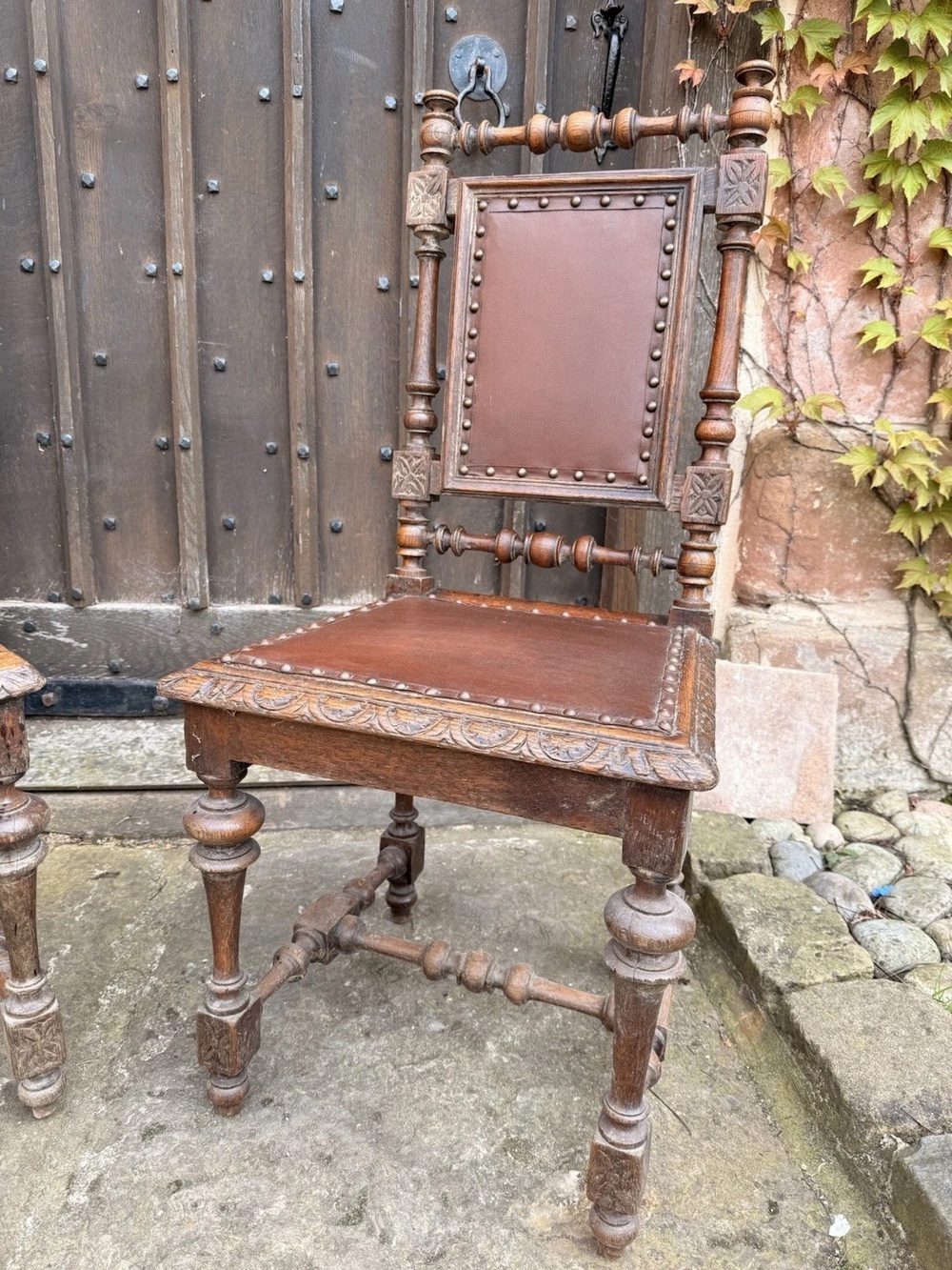 Set 8 Antique French Rustic Oak Renaissance Revival Henri II Style Dining Chairs 1880 Circa