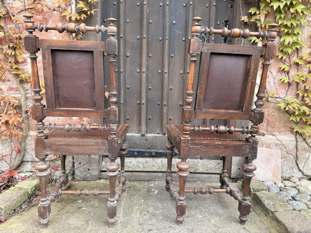 Set 8 Antique French Rustic Oak Renaissance Revival Henri II Style Dining Chairs 1880 Circa