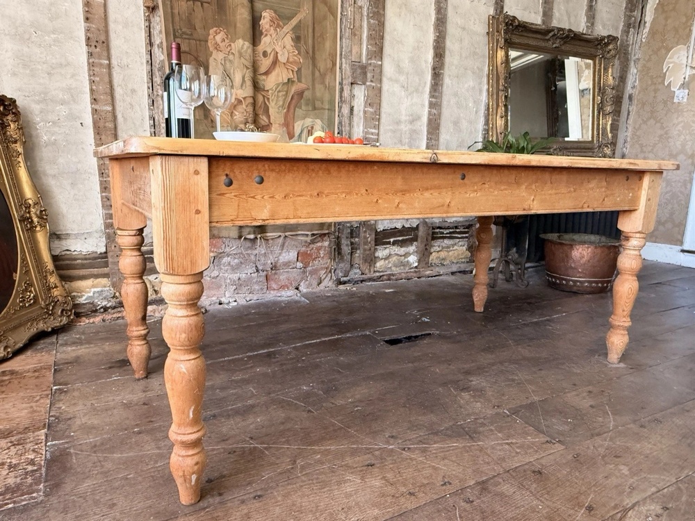 Vintage Rustic Country Farmhouse Pine Dining Kitchen Table W/ Drawer Seats 6-8
