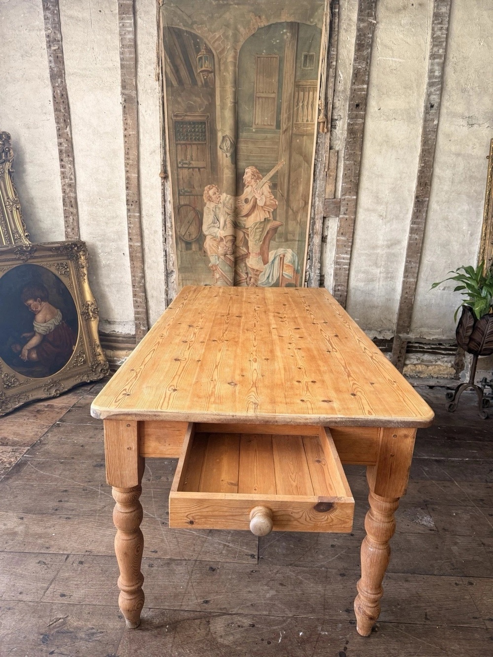 Vintage Rustic Country Farmhouse Pine Dining Kitchen Table W/ Drawer Seats 6-8