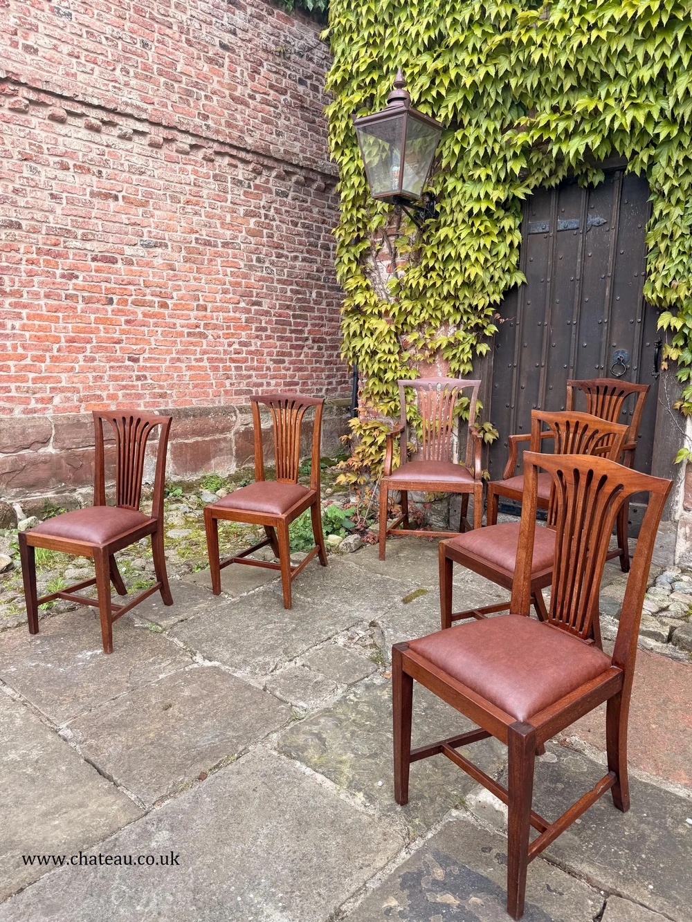 Set 8 Antique Mahogany Arts & Crafts Drop in Slat back Kitchen Dining Chairs