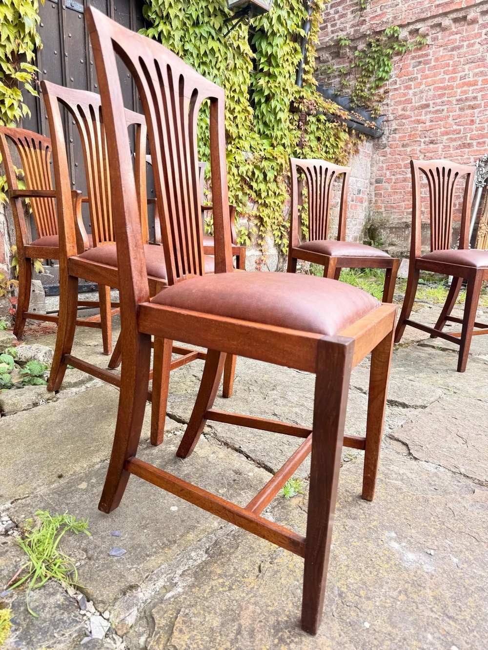 Set 8 Antique Mahogany Arts & Crafts Drop in Slat back Kitchen Dining Chairs