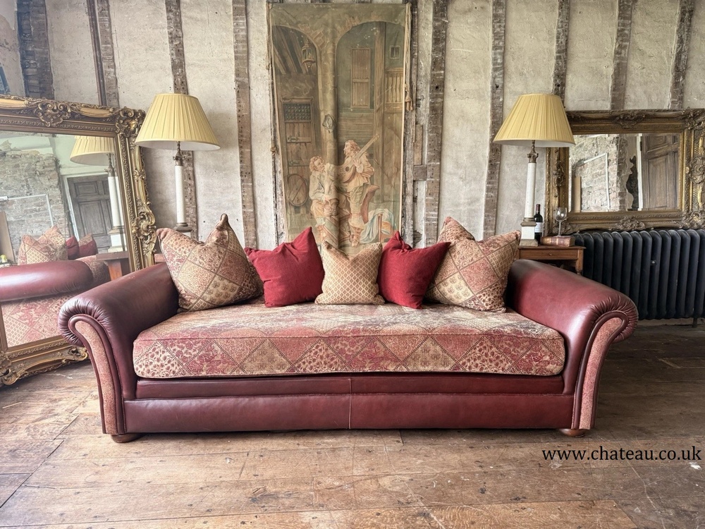 Vintage Tetrad Cleveland 4-Seater Ox Blood Tapestry Leather & Fabric Sofa Daybed