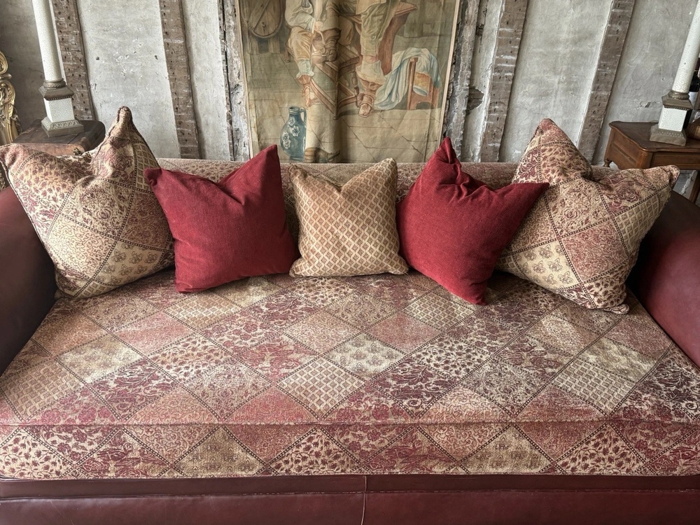 Vintage Tetrad Cleveland 4-Seater Ox Blood Tapestry Leather & Fabric Sofa Daybed