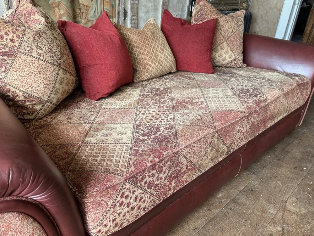 Vintage Tetrad Cleveland 4-Seater Ox Blood Tapestry Leather & Fabric Sofa Daybed