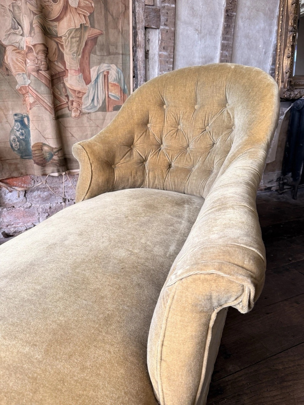 Antique English Walnut Original Olive Green Velvet Day Bed Chaise Lounge 1880