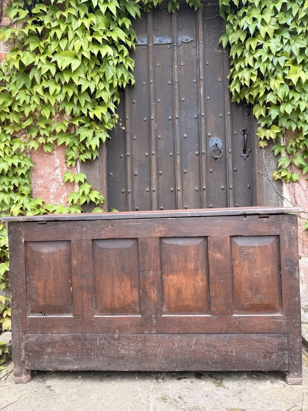 Original English Oak Antique Rustic Panelled Coffer Mule Chest C1780 Intials TS