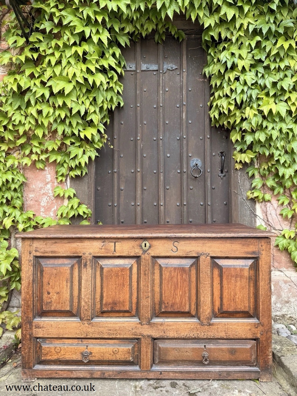 Original English Oak Antique Rustic Panelled Coffer Mule Chest C1780 Intials TS