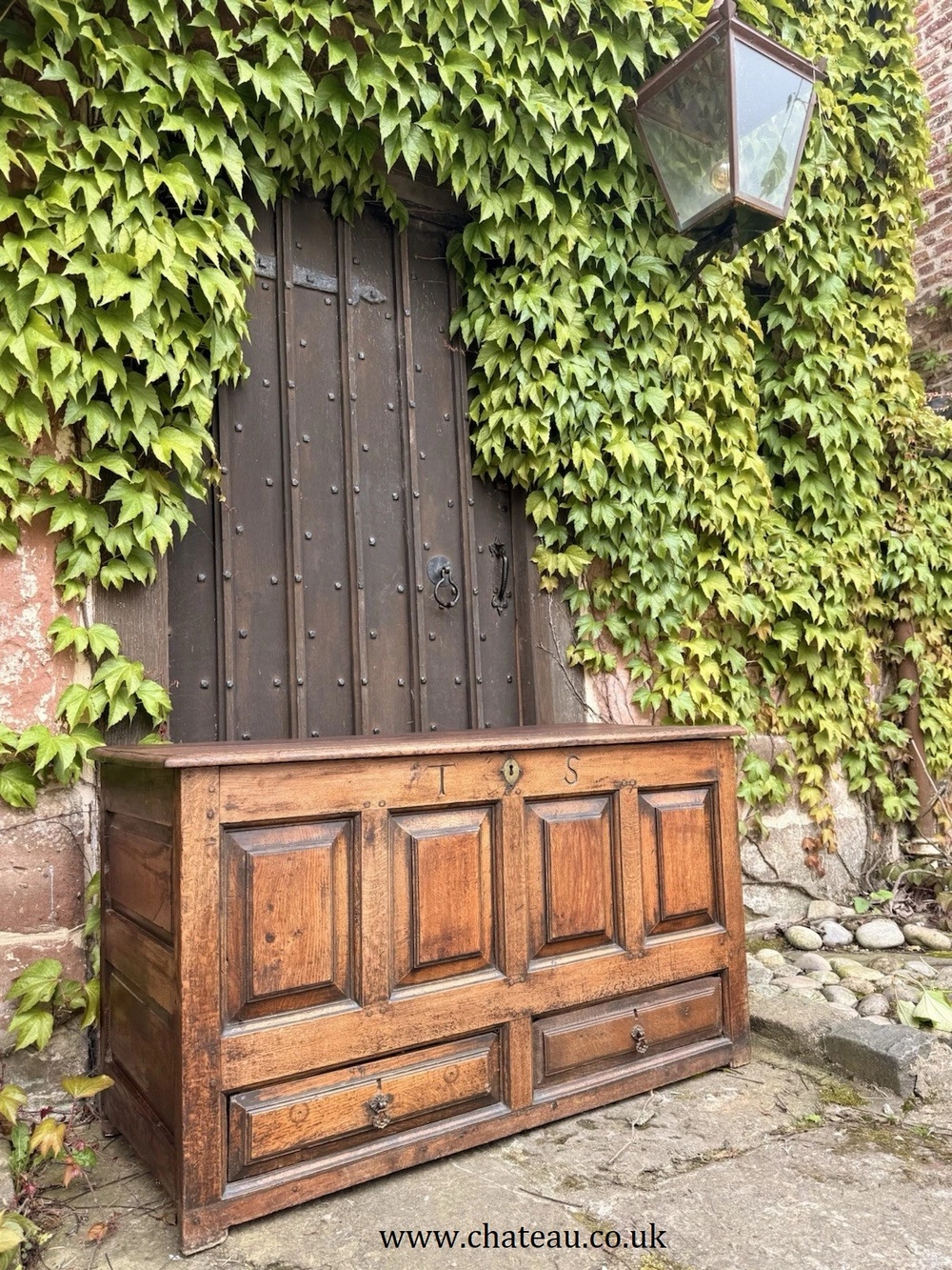 Original English Oak Antique Rustic Panelled Coffer Mule Chest C1780 Intials TS