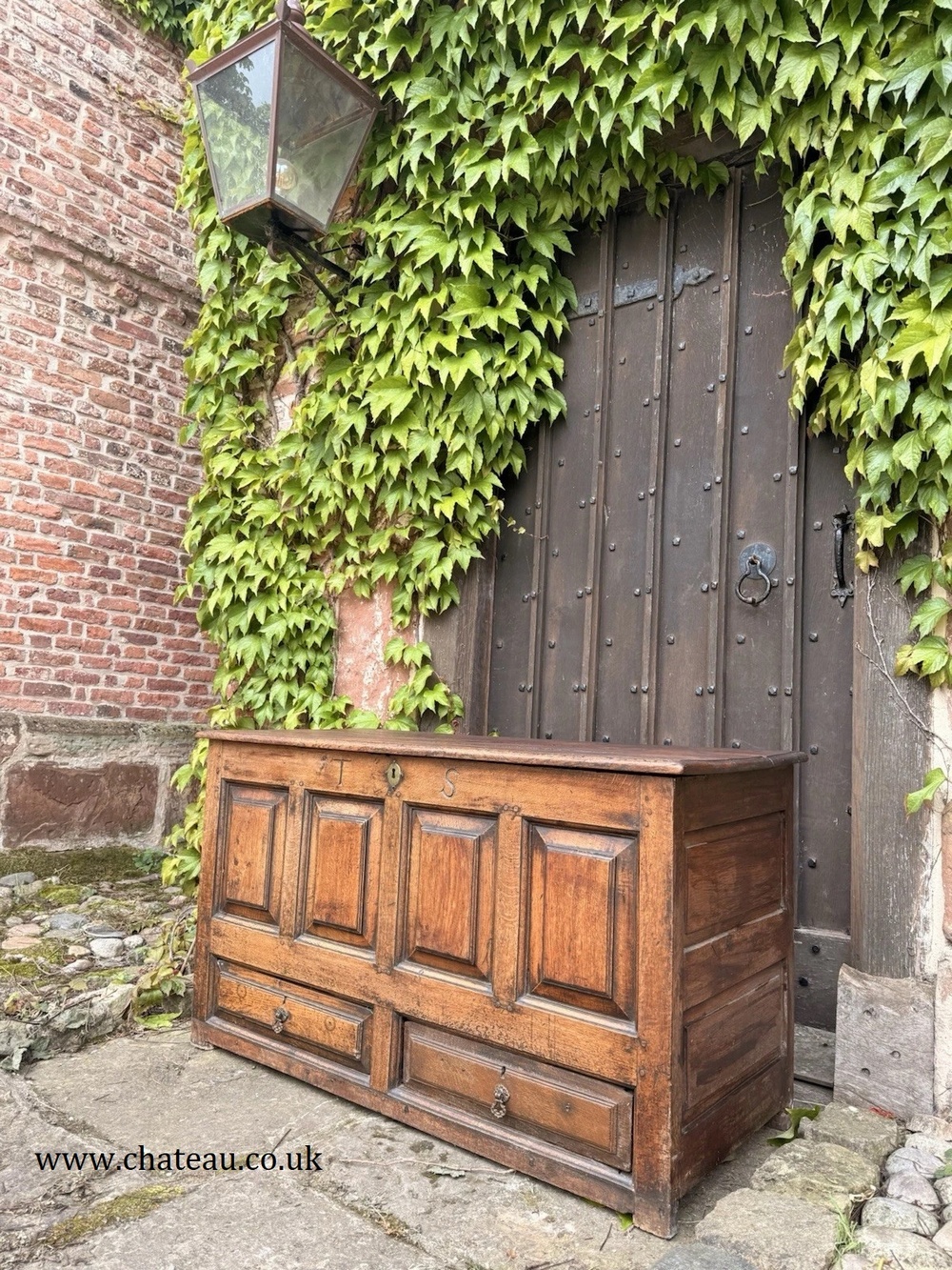 Original English Oak Antique Rustic Panelled Coffer Mule Chest C1780 Intials TS