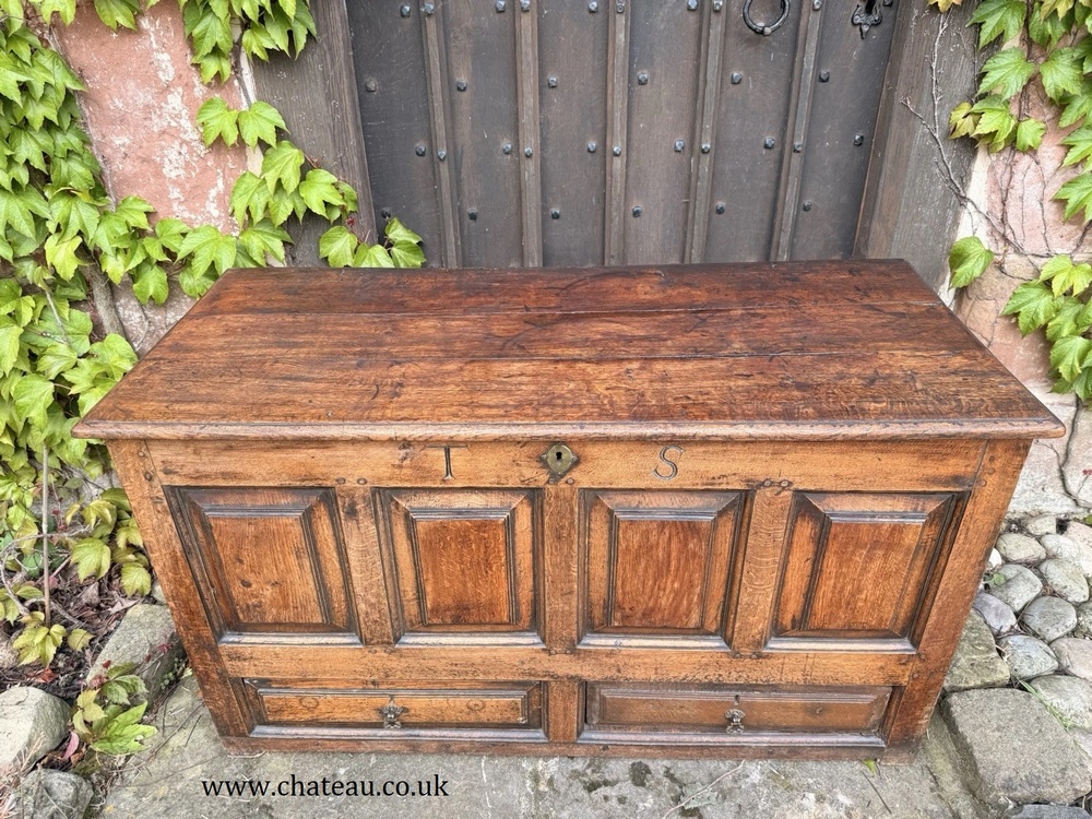 Original English Oak Antique Rustic Panelled Coffer Mule Chest C1780 Intials TS