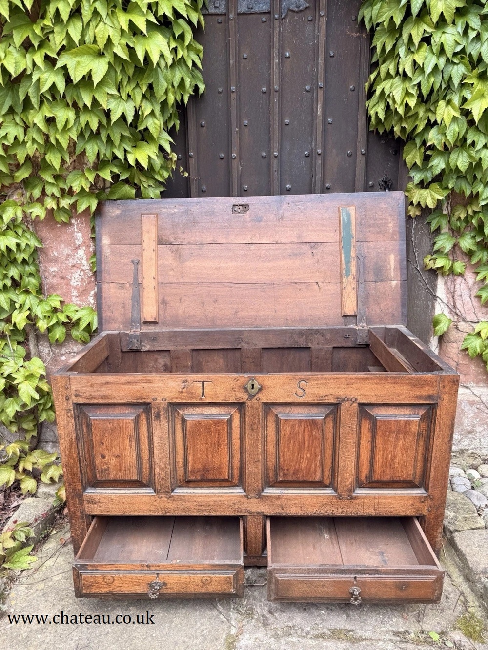 Original English Oak Antique Rustic Panelled Coffer Mule Chest C1780 Intials TS