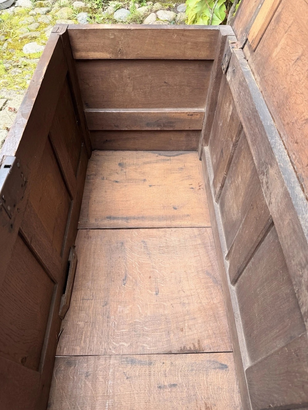 Original English Oak Antique Rustic Panelled Coffer Mule Chest C1780 Intials TS