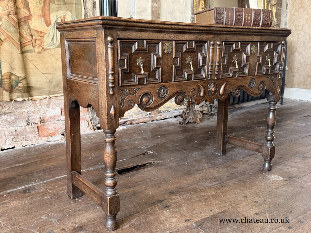 Antique English Victorian Jacobean Style Oak Geometric Console Dresser Base Sideboard