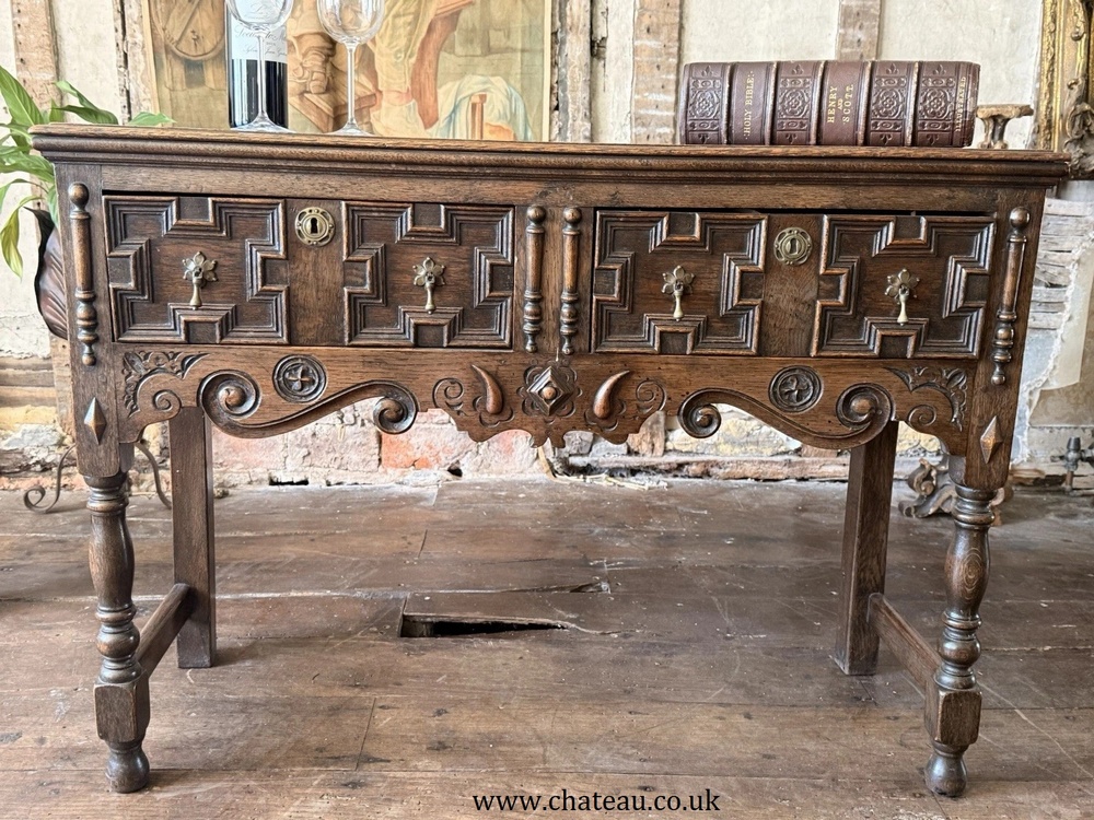 Antique English Victorian Jacobean Style Oak Geometric Console Dresser Base Sideboard