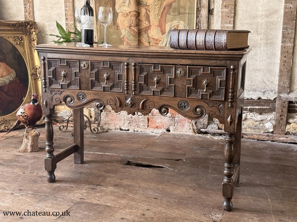 Antique English Victorian Jacobean Style Oak Geometric Console Dresser Base Sideboard