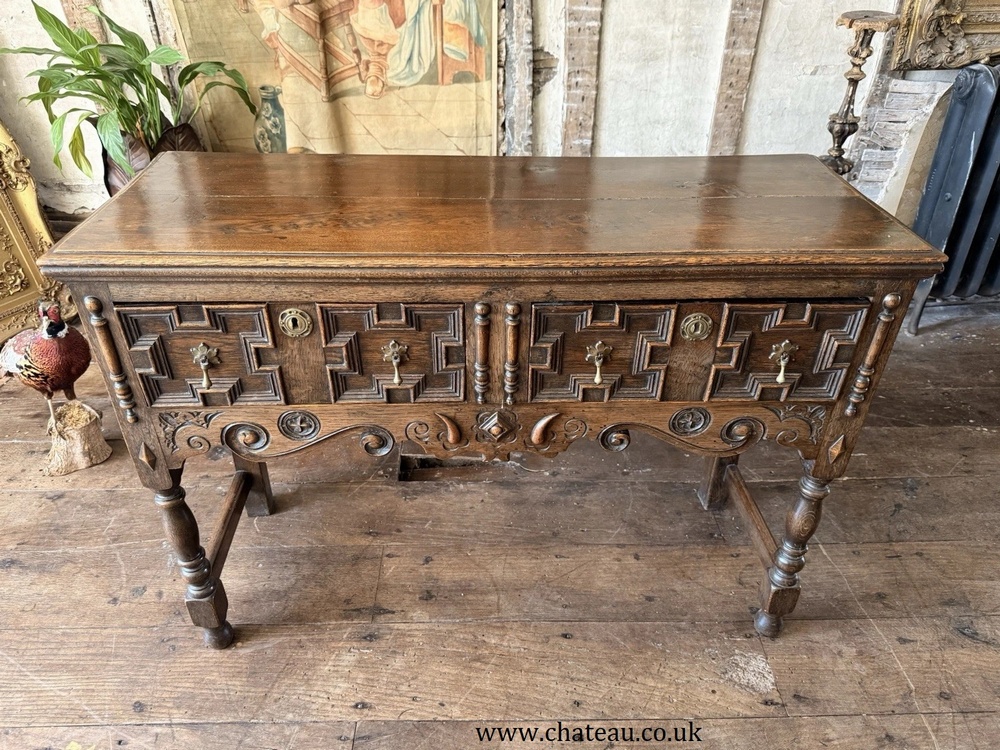 Antique English Victorian Jacobean Style Oak Geometric Console Dresser Base Sideboard