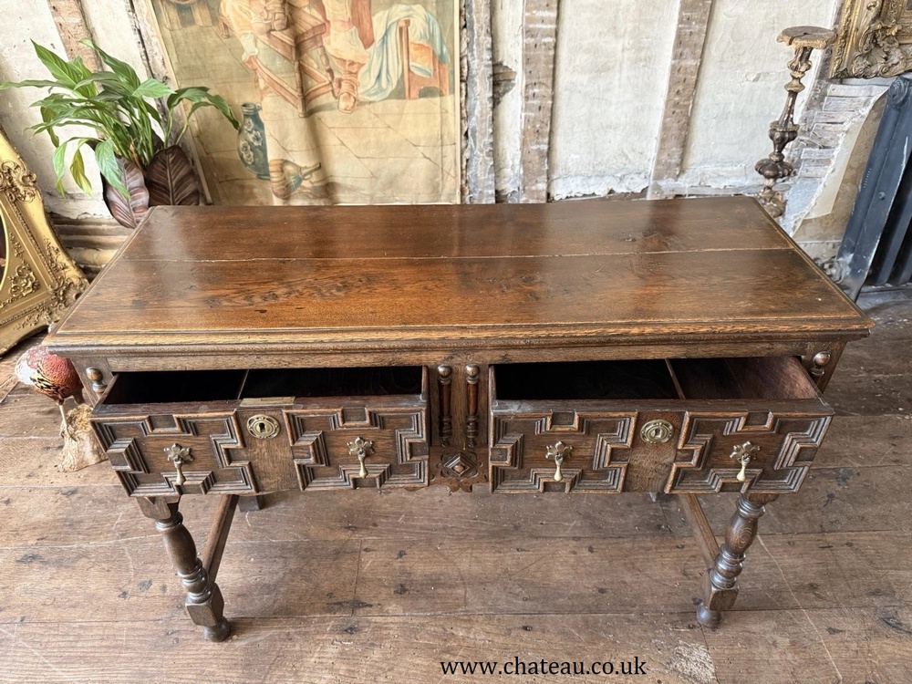 Antique English Victorian Jacobean Style Oak Geometric Console Dresser Base Sideboard