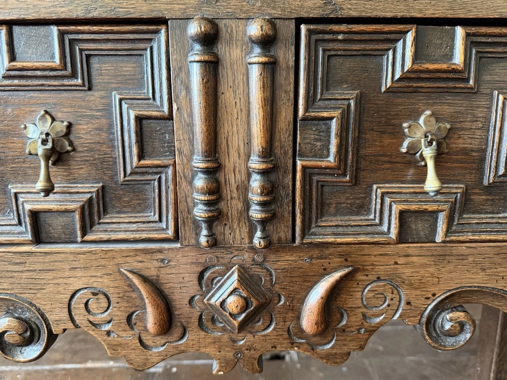 Antique English Victorian Jacobean Style Oak Geometric Console Dresser Base Sideboard