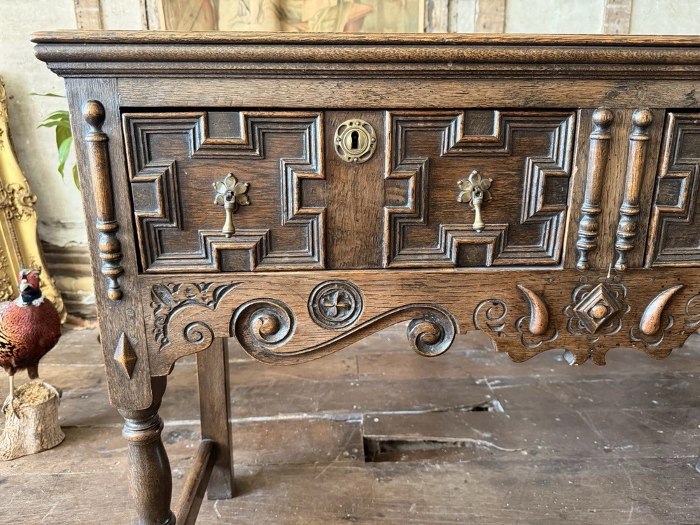 Antique English Victorian Jacobean Style Oak Geometric Console Dresser Base Sideboard