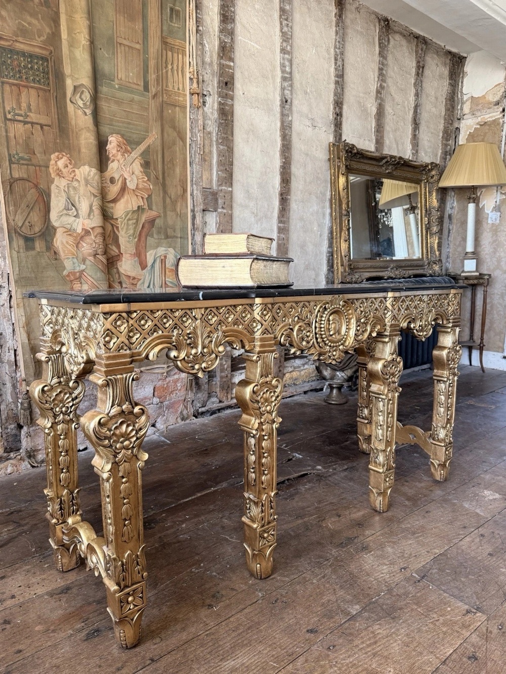 Magnificent Vintage Empire Style Gold Leaf Hall Console Table black Marble