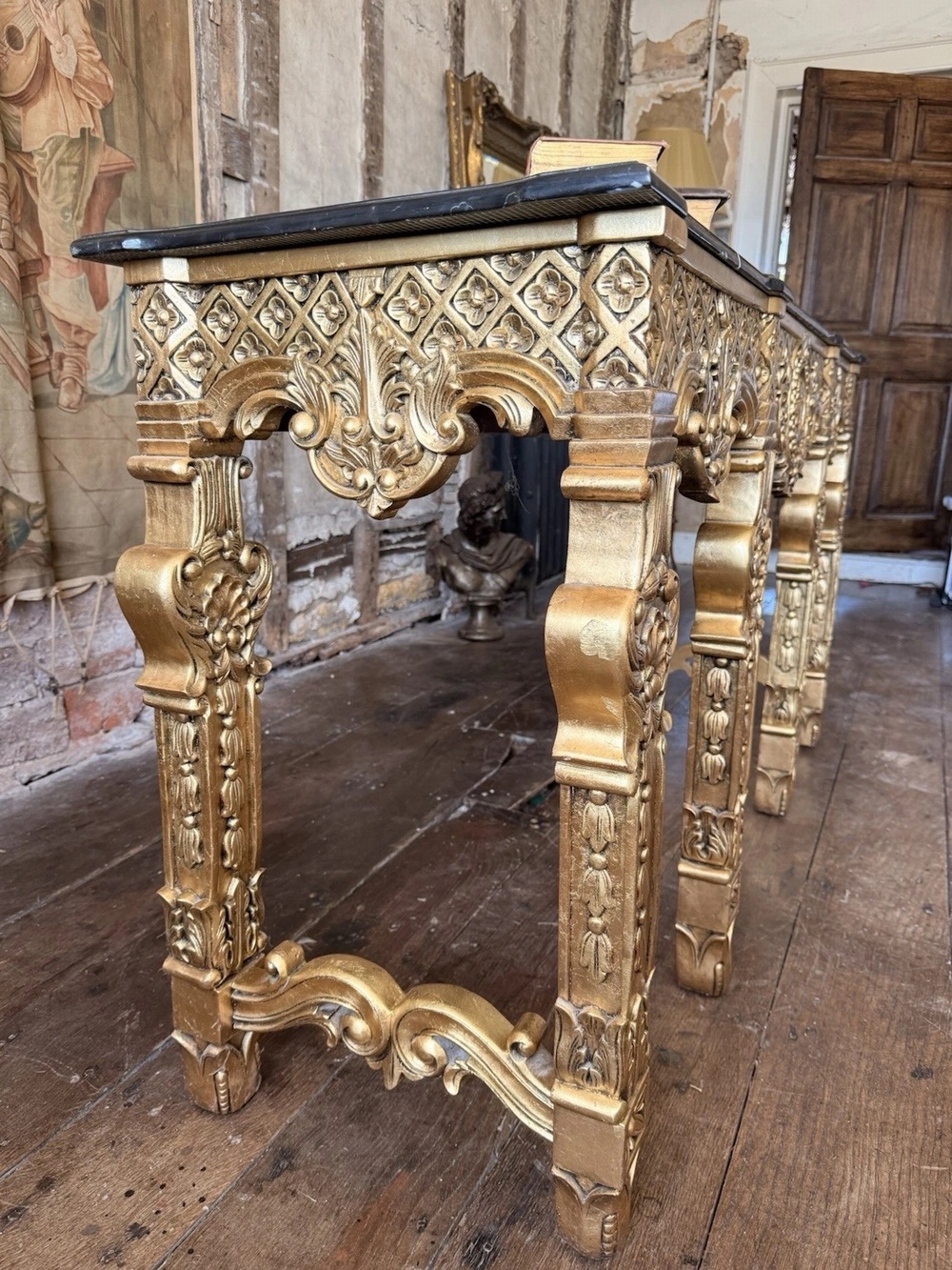 Magnificent Vintage Empire Style Gold Leaf Hall Console Table black Marble