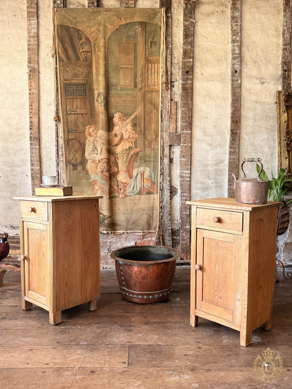 Pair Harlequin Antique Rustic Farmhouse Pine Bedside Tables Cabinets Cupboards