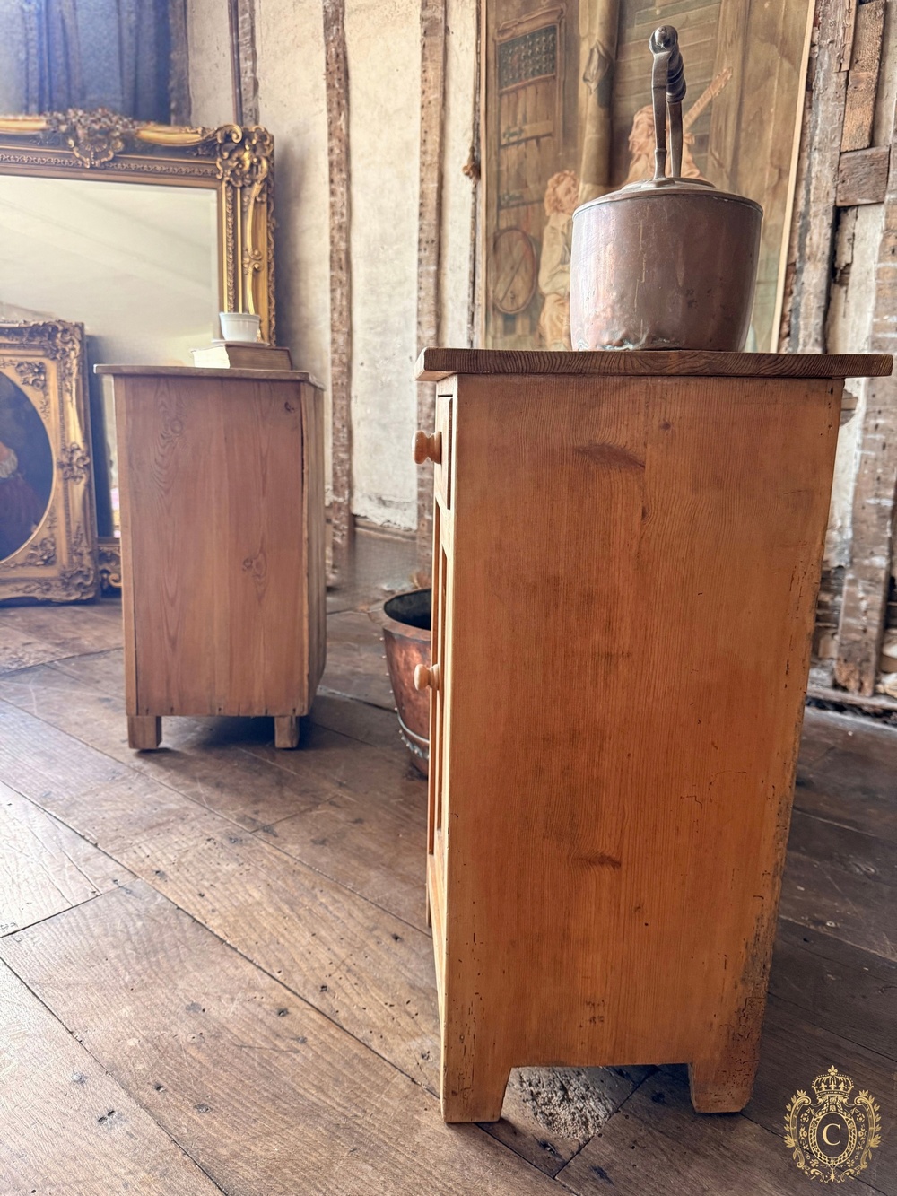 Pair Harlequin Antique Rustic Farmhouse Pine Bedside Tables Cabinets Cupboards