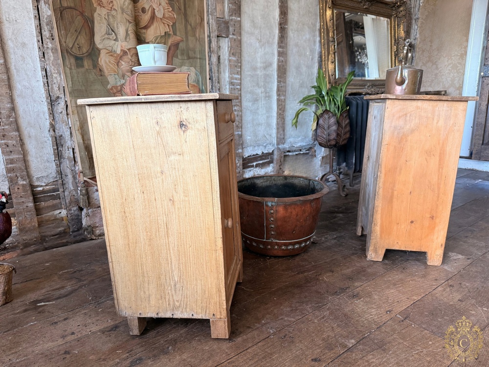 Pair Harlequin Antique Rustic Farmhouse Pine Bedside Tables Cabinets Cupboards