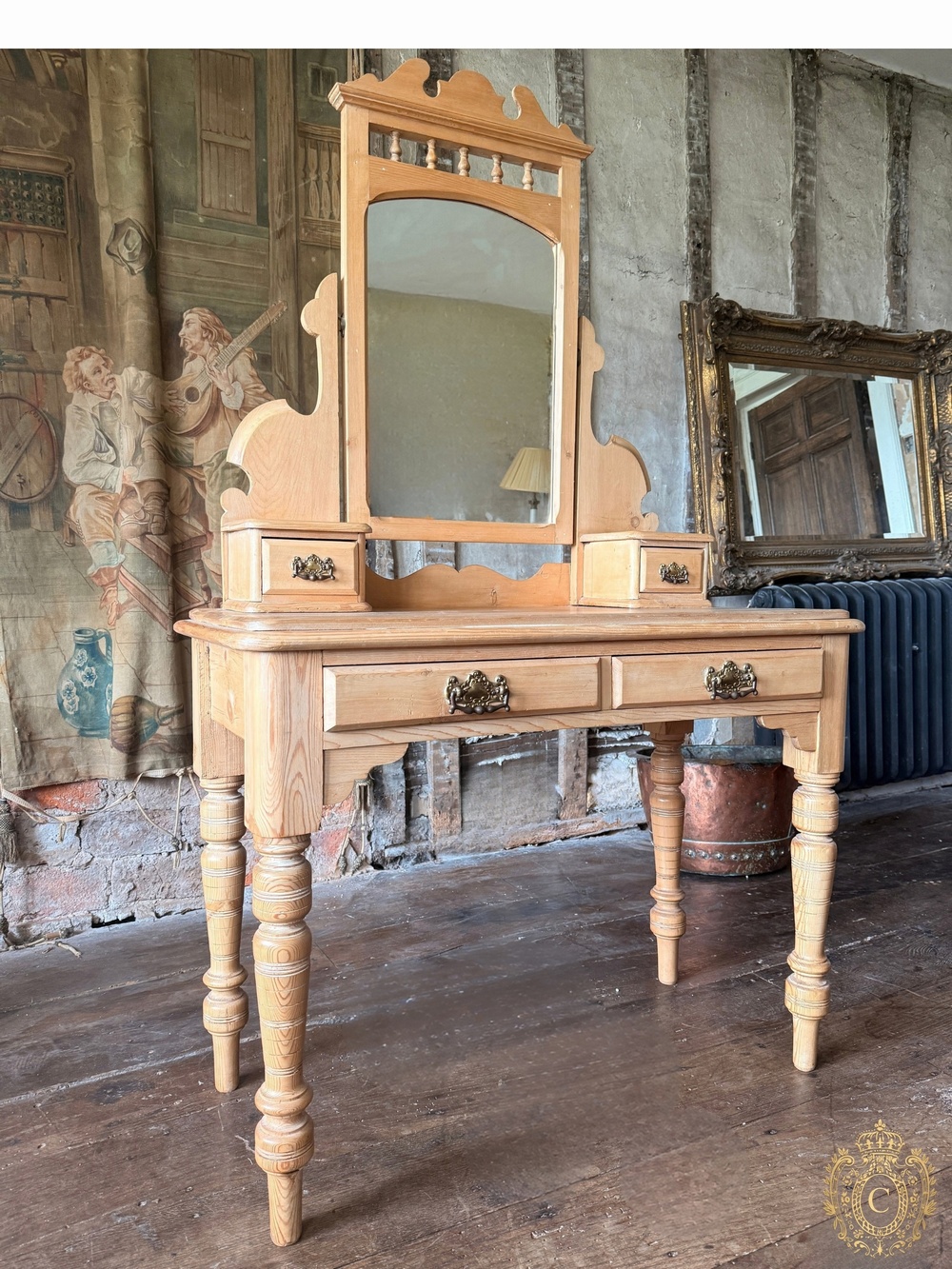 Antique Pine Washstand Dressing Table with Arched Mirror