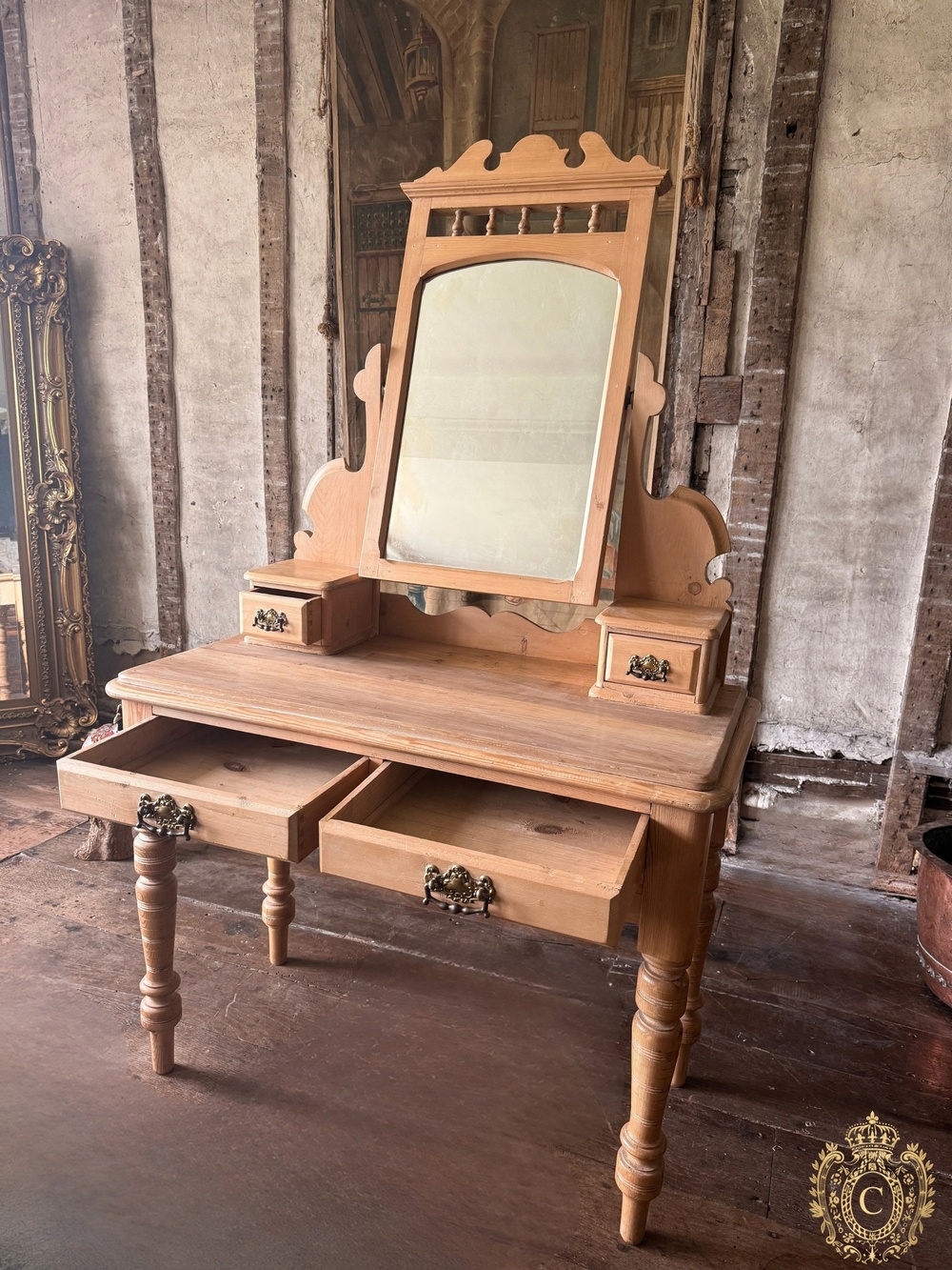 Antique Pine Washstand Dressing Table with Arched Mirror