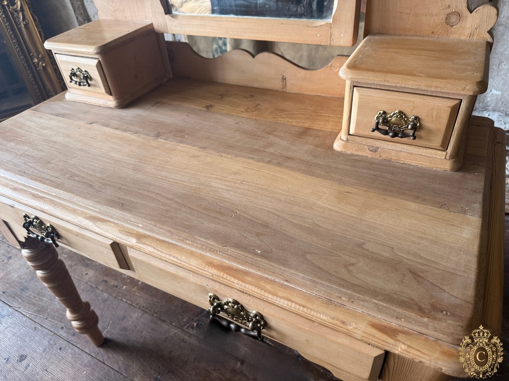 Antique Pine Washstand Dressing Table with Arched Mirror