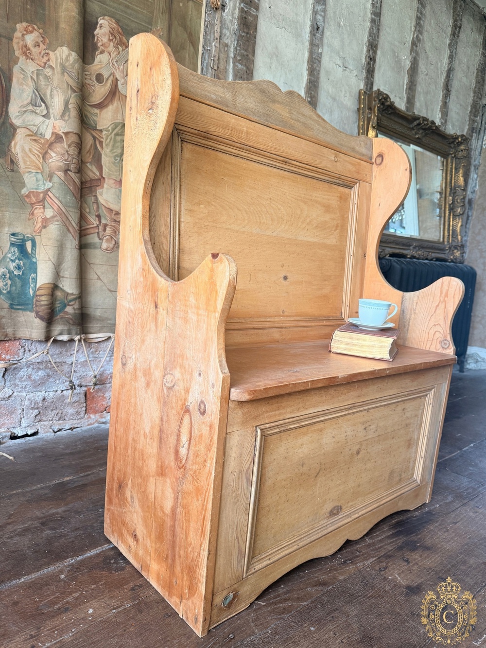 Antique Victorian Pine Hall Settle with Hinged Storage Seat, Circa 1870