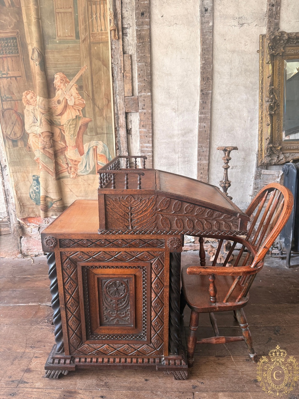 Elaborately Carved Oak Davenport Writing Desk, Late Victorian