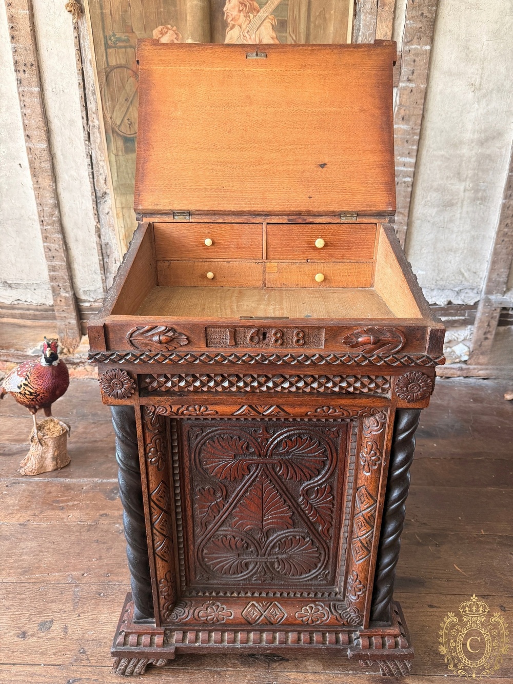 Elaborately Carved Oak Davenport Writing Desk, Late Victorian
