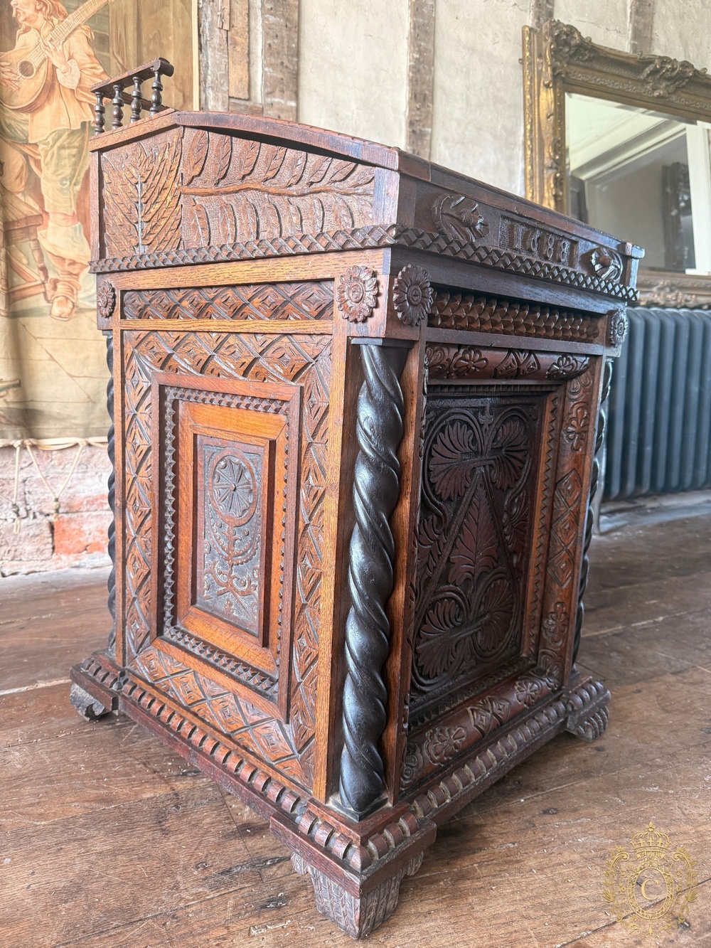 Elaborately Carved Oak Davenport Writing Desk, Late Victorian