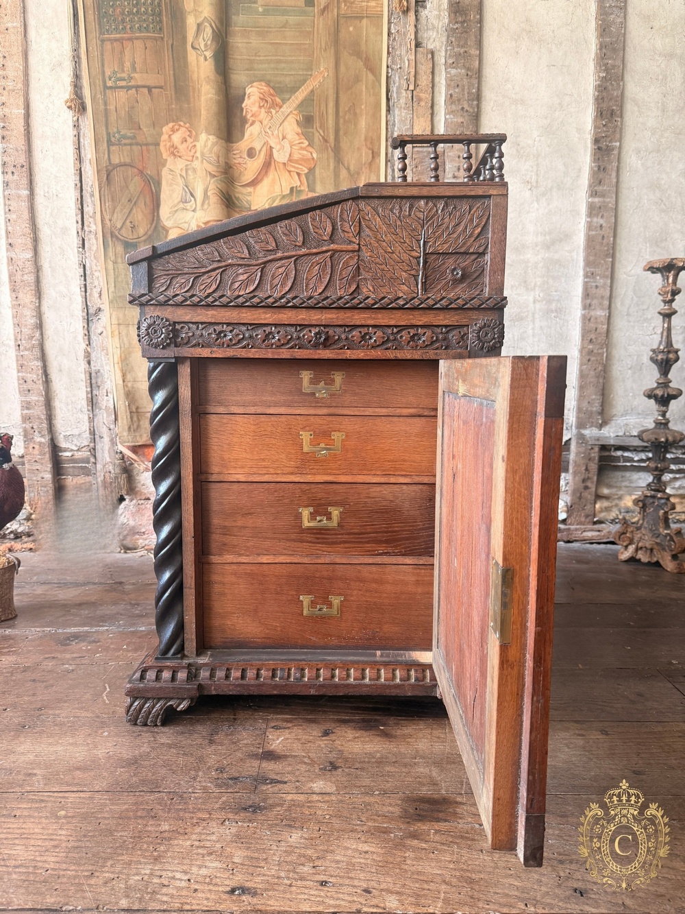 Elaborately Carved Oak Davenport Writing Desk, Late Victorian