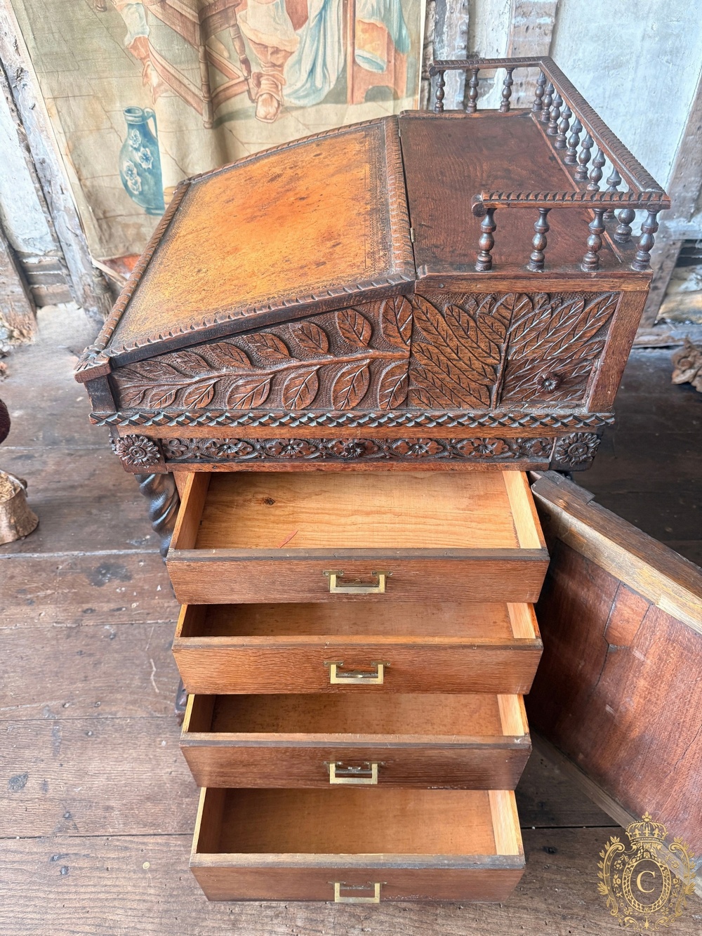 Elaborately Carved Oak Davenport Writing Desk, Late Victorian