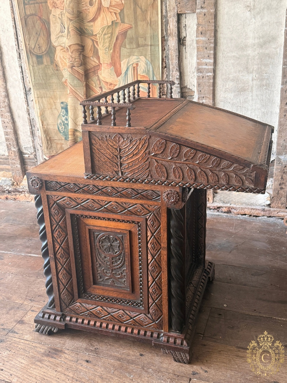 Elaborately Carved Oak Davenport Writing Desk, Late Victorian