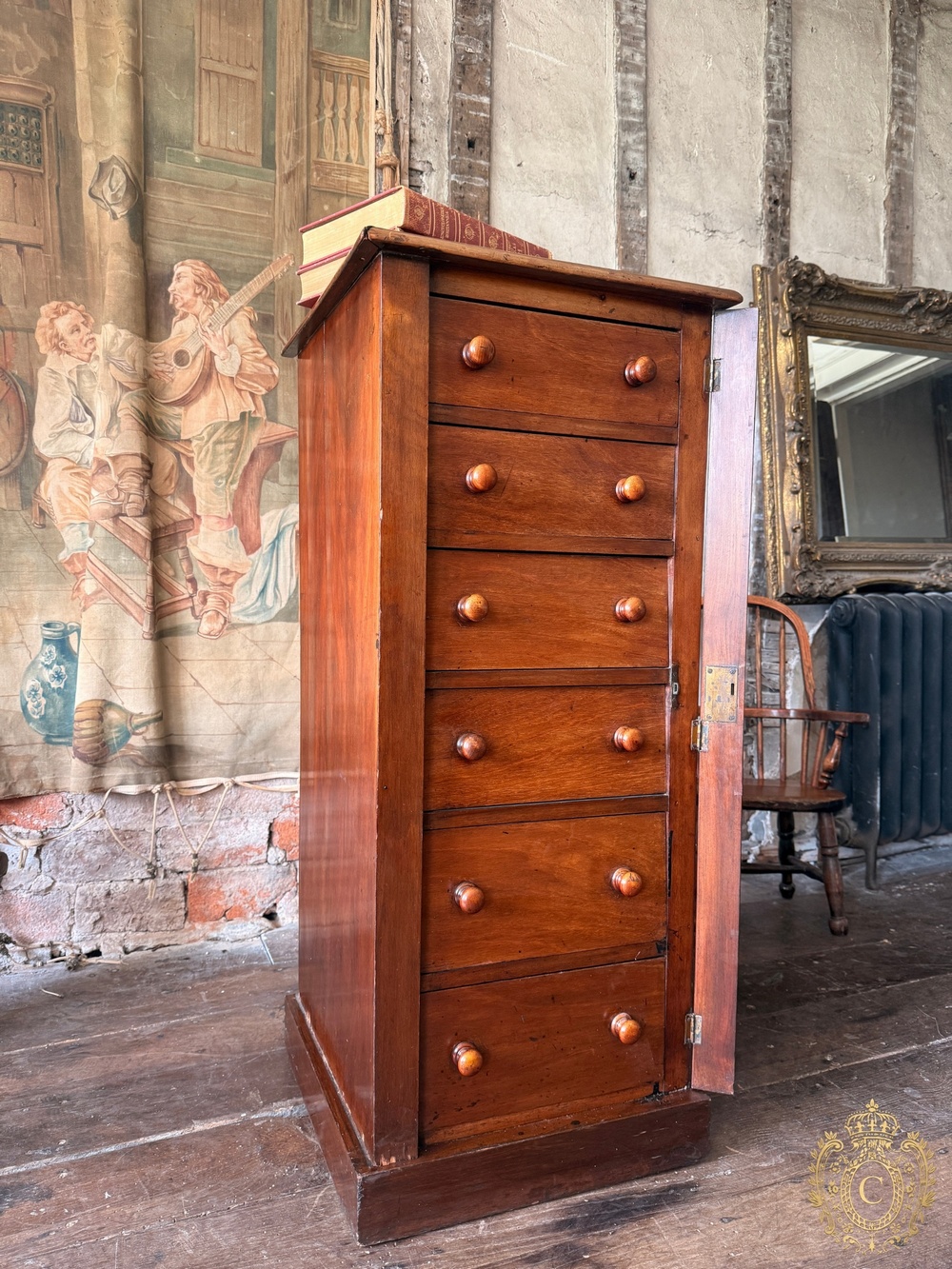 Antique Mahogany Wellington Chest, Six Drawers with Wooden Knob Handles and Locking Bar 1860c
