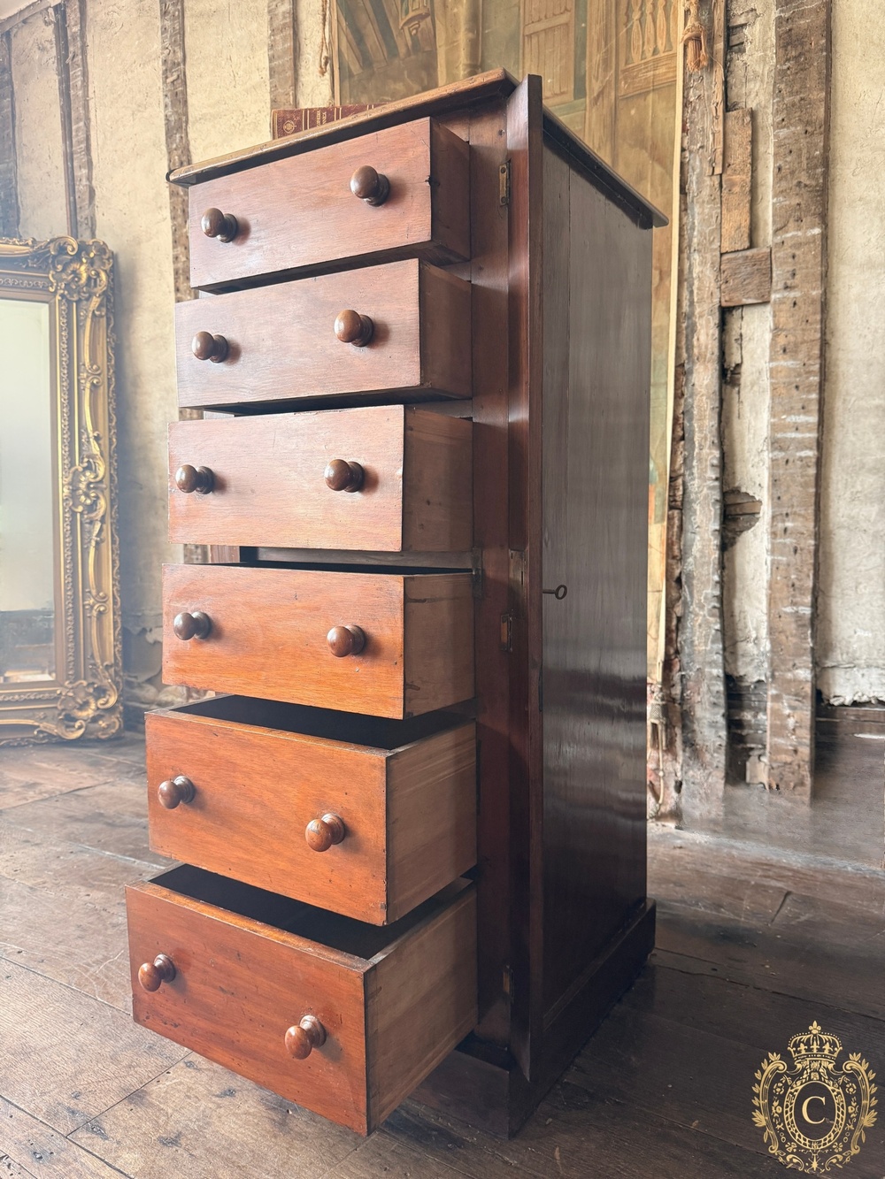 Antique Mahogany Wellington Chest, Six Drawers with Wooden Knob Handles and Locking Bar 1860c