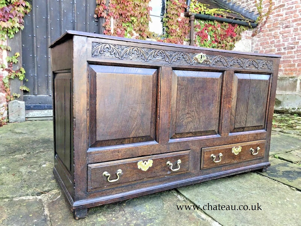 Original English Carved Oak Antique Mule Dower Trunk Coffer Blanket Chest Circa 1700's