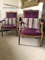 Pair of Antique French Empire Orchid Distressed Gold Giltwood Armchairs C1850
