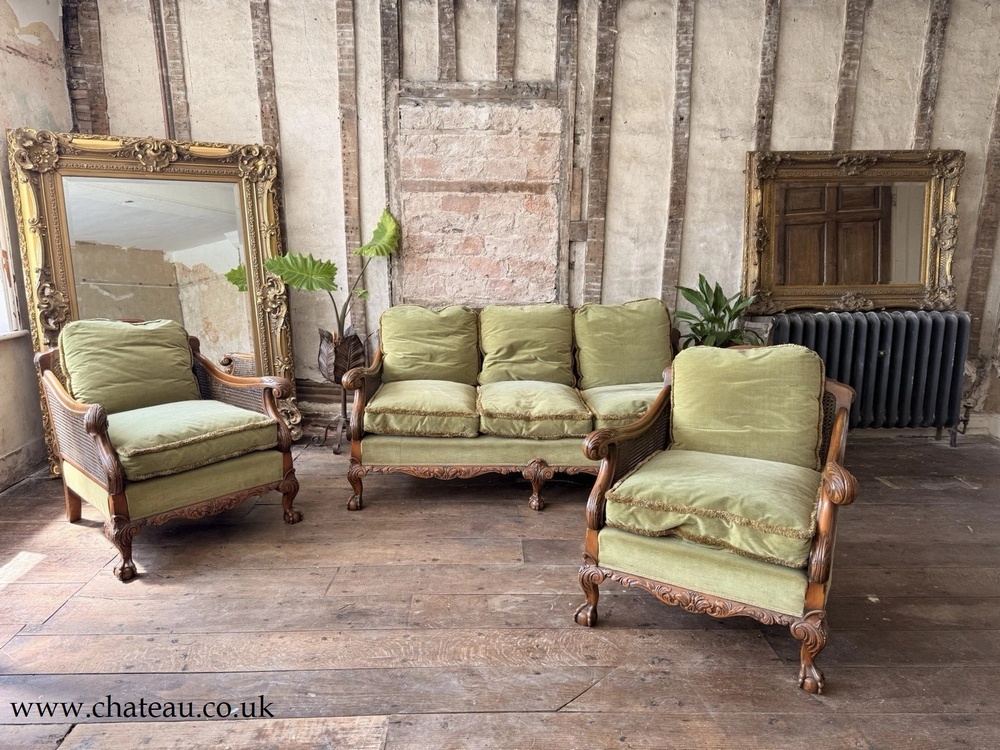 SOLD - Edwardian Antique Vintage Cain Rattan Sofa Bergere Armchairs Lounge Suite C 1900