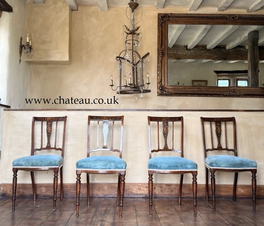 Elegant High Quality Antique Marquetry Blue Inlaid Rosewood Dining Side Chairs