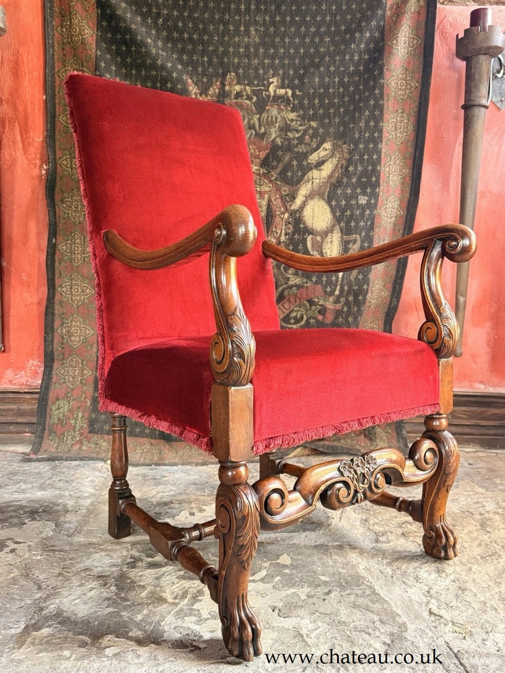 Substancial Heavy Carved Oak Red Antique Throne Arm Chair Stamped Circa 1919