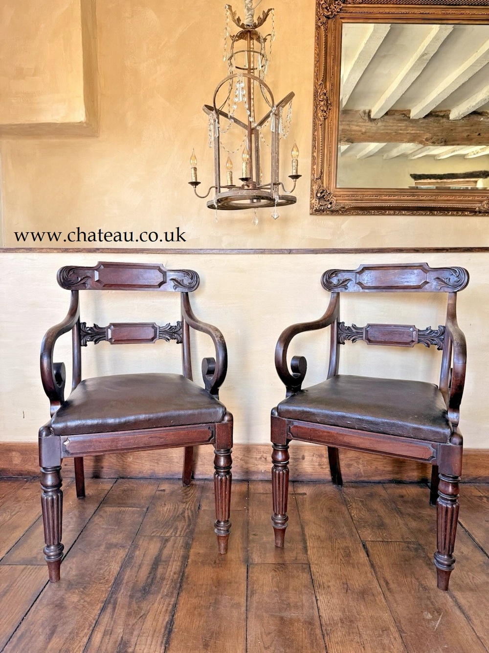 SOLD - Pair Quality Antique Mahogany Brown Leather Regency Elbow Carver Chairs C1800