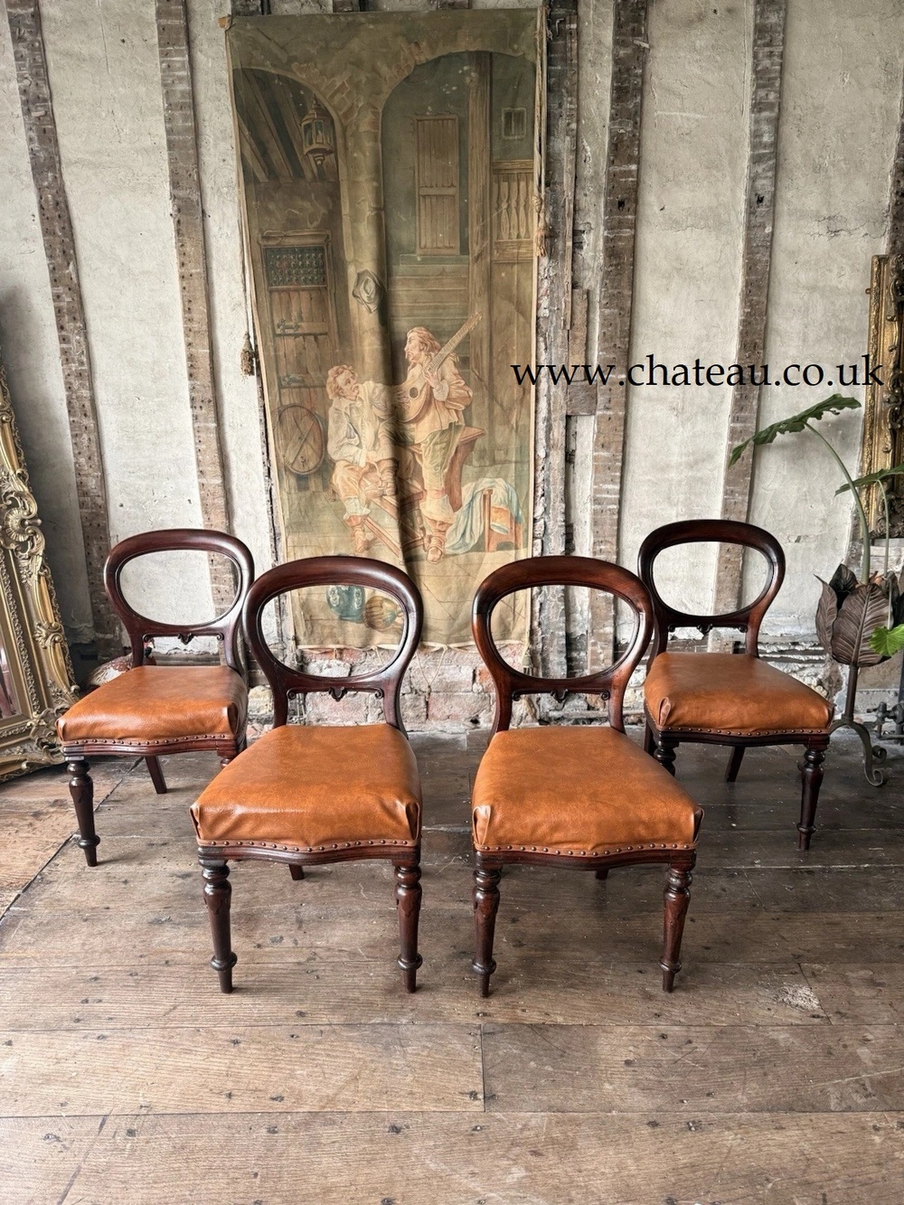 Set of 4 Antique Original English Leather Tan Balloon Back Dining Side Chairs